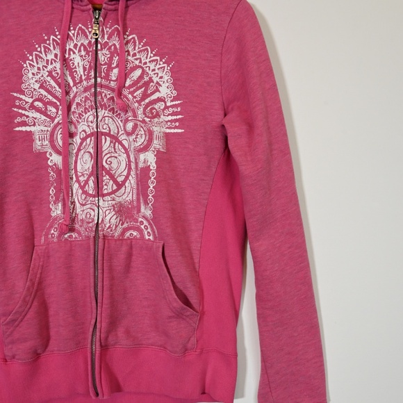 Billabong Y2K Pink Zip Up Hoodie Women's XL Peace Sign Bohemian Hippie Logo - Picture 11 of 14